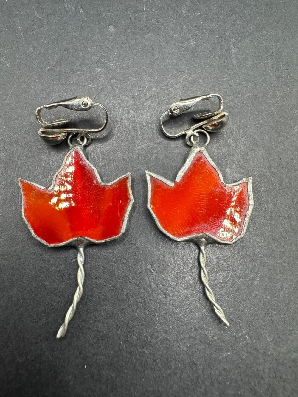 Vintage Solid Handmade Enamel Maple Leaf Fall Clip On Dangle Drop Earrings